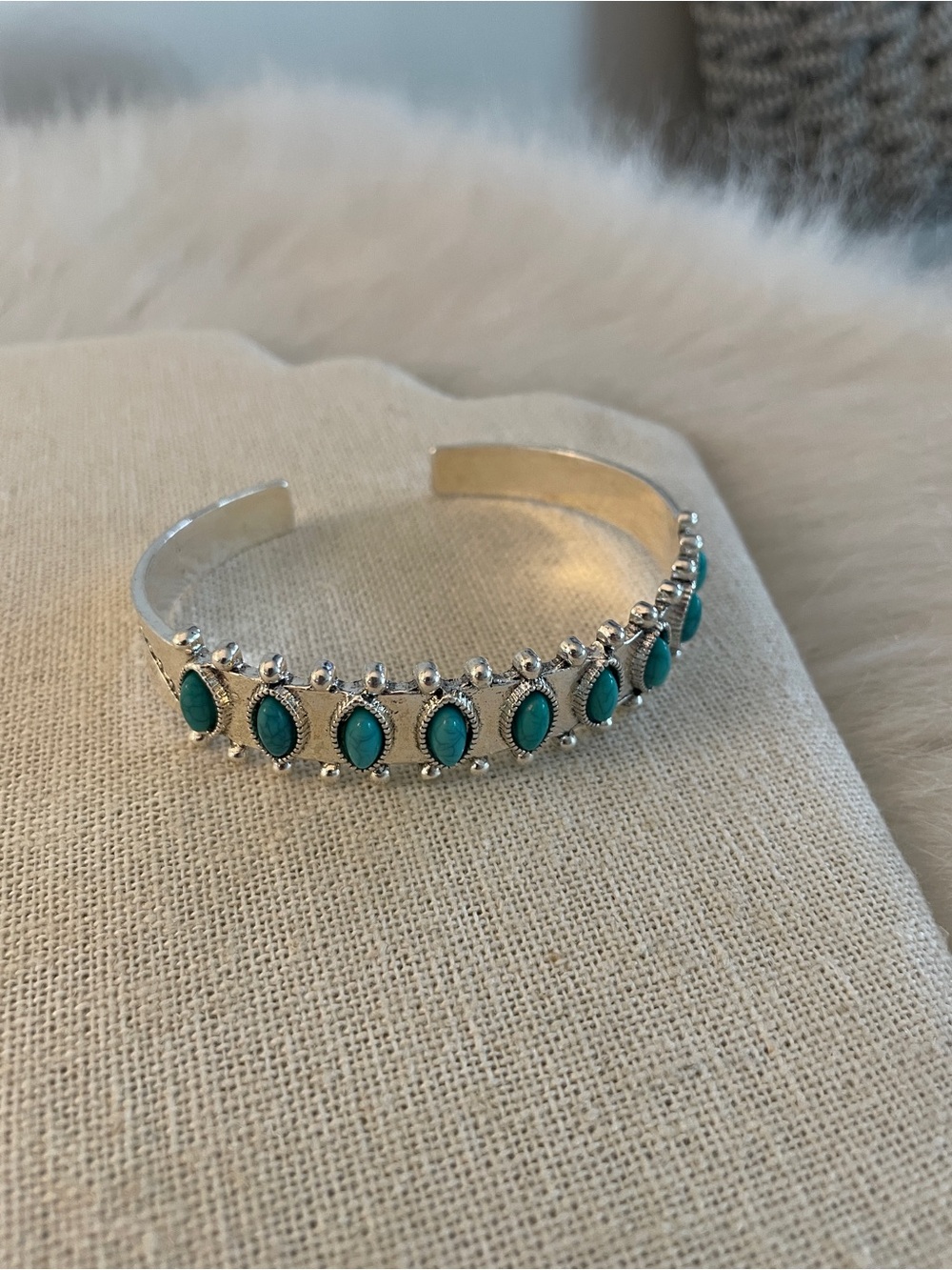 Silver tone Cuff Bracelet with Turquoise Accents Southwest style costume